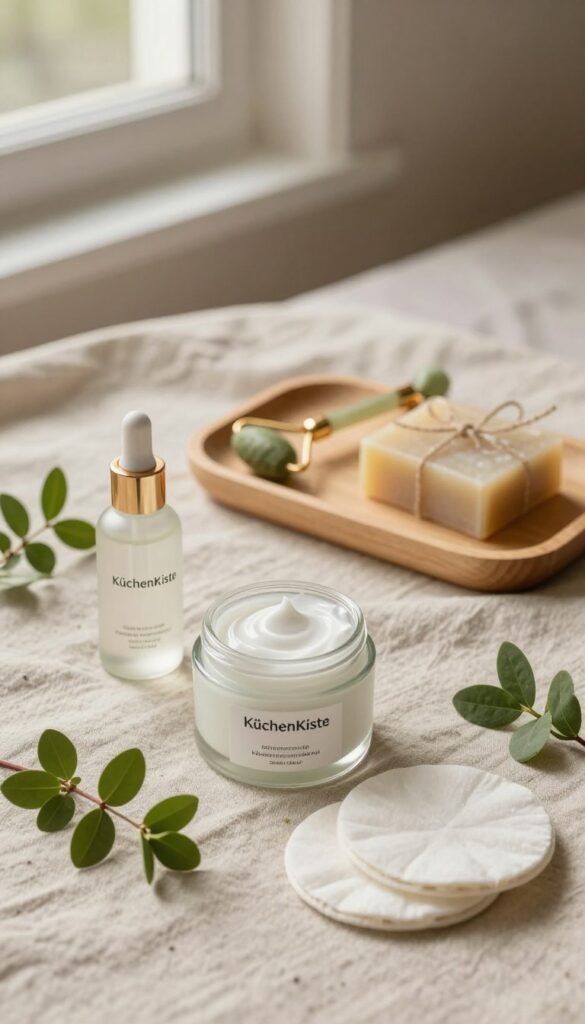 A serene and inviting flat lay composition showcasing a selection of essential skincare products from the brand "KüchenKiste" on a soft linen cloth. The foreground features natural skincare items like moisturizers and serums in elegant glass containers, surrounded by small fresh plants and organic cotton pads. In the middle, a light wooden tray displays a delicate facial roller and a handmade soap bar, evoking a sense of simplicity and natural beauty. The background includes warm, diffused light coming from a nearby window, casting gentle shadows and enhancing the cozy atmosphere. The overall mood conveys a peaceful morning routine, with a Pinterest-inspired aesthetic that highlights authenticity and warmth, suitable for an article on simplified beauty routines.