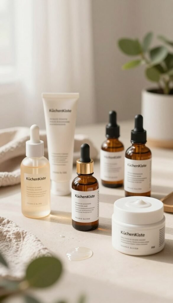 A serene and inviting flat lay composition showcasing a variety of skincare products featuring niacinamide, each displayed elegantly. The foreground includes carefully arranged bottles and jars of creams and serums labeled "KüchenKiste," crafted with warm, natural colors. In the middle ground, subtle textures of soft fabrics and natural greenery add depth, hinting at different skin types—dry, oily, and combination. The background features a softly blurred light setting, evoking a calm and refreshing atmosphere. Soft, diffused sunlight illuminates the scene, enhancing the warm color palette reminiscent of Pinterest aesthetics. The overall mood is professional yet inviting, promoting an authentic skincare experience.