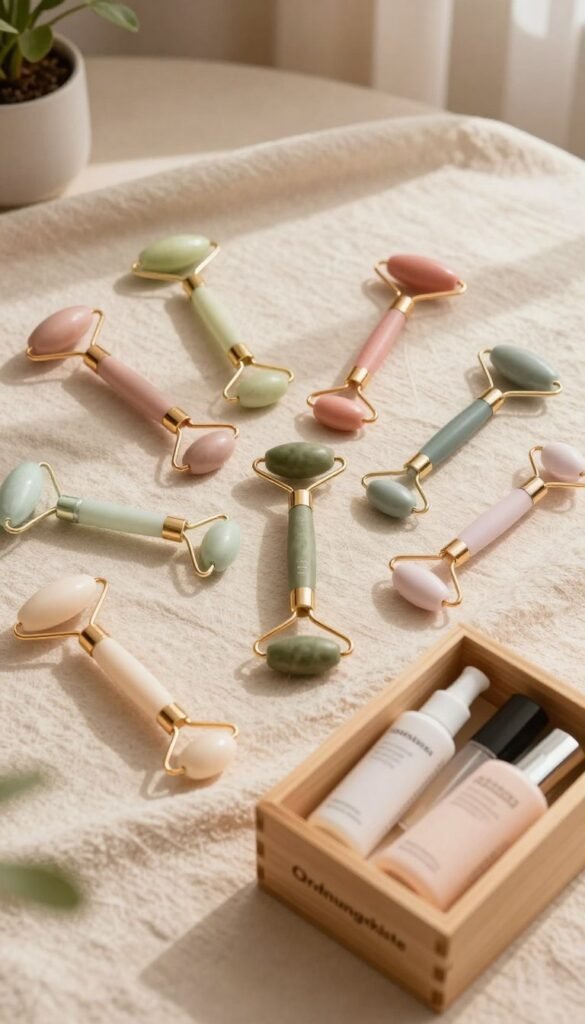A serene and inviting flat lay featuring seven elegantly designed electric facial rollers, arranged on a soft, textured fabric backdrop in warm pastel tones. Each roller showcases unique colors and designs, reflecting various needs and preferences. In the foreground, a stylish wooden box labelled "Ordnungskiste" holds complementary skincare products, adding an element of organization. Soft, natural lighting enhances the warm ambiance, casting gentle shadows that create depth. The background features subtle hints of greenery, such as a small potted plant, to evoke a sense of tranquility and wellness. The overall mood should feel authentic, cozy, and aesthetically pleasing, ideal for a lifestyle article focusing on skincare tools.