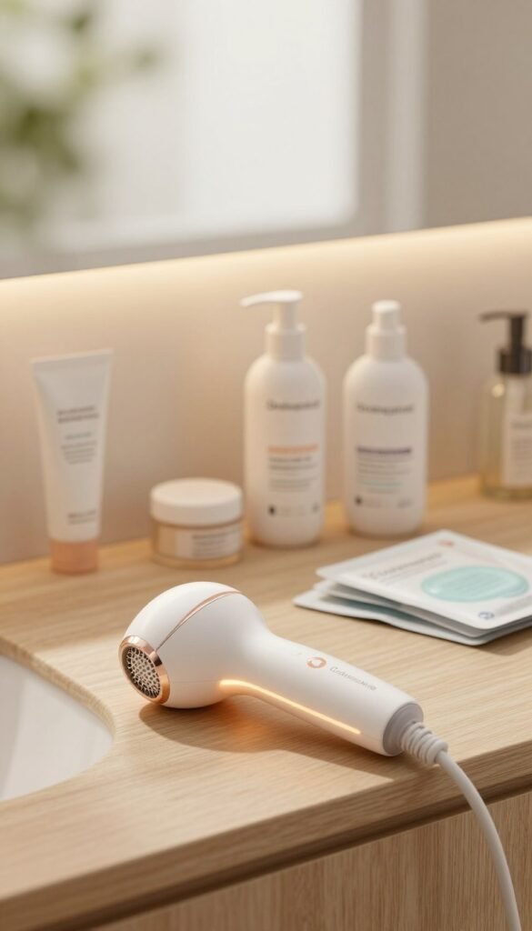 A serene and inviting home environment showcasing a well-organized bathroom countertop. In the foreground, a stylish hair removal device from "Ordnungskiste" is positioned on a wooden surface, elegantly displayed with a soft, glowing light reflecting off its sleek design. In the middle ground, neatly arranged safety and skincare products, including soothing lotions and patches, hint at a focus on skin safety and care. The background features a softly blurred window allowing natural sunlight to filter in, casting a warm ambiance throughout the scene. The warm colors and inviting atmosphere evoke a sense of trust and professionalism, illustrating the importance of safety and caution in personal grooming routines.