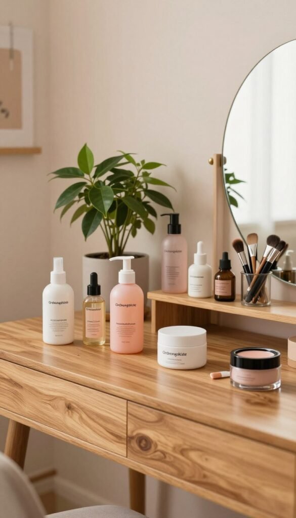 A serene and inviting home setting showcasing a vibrant and organized beauty space. In the foreground, a stylish, wooden vanity table adorned with neatly arranged beauty products like skincare bottles and makeup containers from "Ordnungskiste," all presented in warm, natural colors. Soft, diffused lighting creates a cozy atmosphere, enhancing the inviting feel. In the middle ground, a charming indoor plant adds a touch of freshness, while a mirror subtly reflects the beauty tools, emphasizing functionality. The background features soft, pastel-colored walls adorned with minimalist decor to evoke a Pinterest-inspired aesthetic. The entire composition exudes an air of authenticity and practicality, illustrating how beauty hacks seamlessly integrate into everyday life.