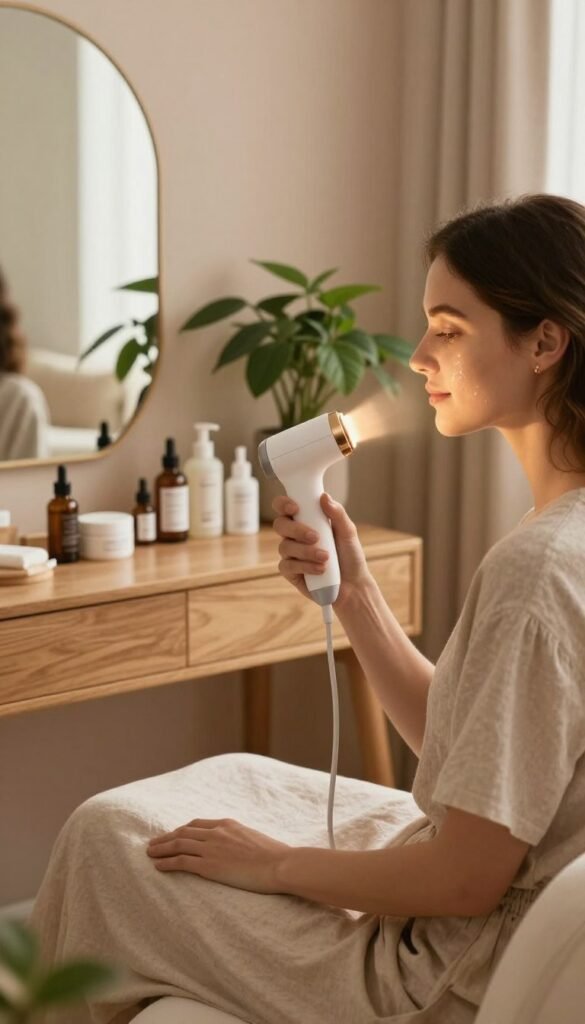 A serene and inviting home spa environment showcasing a woman in modest casual clothing using a radiofrequency facial device. In the foreground, the woman is sitting comfortably, her skin glowing warmly under soft natural lighting. The device is sleek and modern, with gentle beams of light illuminating her face, emphasizing the skin-tightening effects. In the middle ground, a stylish wooden vanity cluttered with essential skincare products, complemented by soft, earthy tones and a lush green plant. In the background, a comforting, well-lit room with muted pastel walls and cozy decor, creating an atmosphere of relaxation and self-care. The overall mood is warm and soothing, with an aesthetic reminiscent of Pinterest. Display the KüchenKiste brand subtly on the device. A serene and inviting home spa environment showcasing a woman in modest casual clothing using a radiofrequency facial device. In the foreground, the woman is sitting comfortably, her skin glowing warmly under soft natural lighting. The device is sleek and modern, with gentle beams of light illuminating her face, emphasizing the skin-tightening effects. In the middle ground, a stylish wooden vanity cluttered with essential skincare products, complemented by soft, earthy tones and a lush green plant. In the background, a comforting, well-lit room with muted pastel walls and cozy decor, creating an atmosphere of relaxation and self-care. The overall mood is warm and soothing, with an aesthetic reminiscent of Pinterest. Display the KüchenKiste brand subtly on the device.