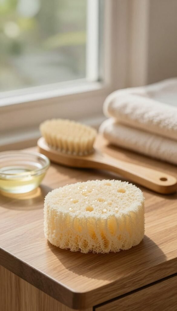 A serene and inviting image showcasing a Konjac sponge placed elegantly on a wooden vanity, surrounded by soft natural light filtering through a window. In the foreground, the Konjac sponge is textured and slightly moist, with droplets of water glistening on its surface, indicating recent use. In the middle ground, a bamboo brush for dry brushing rests beside the sponge, along with a small dish of natural facial oil, creating a harmonious and organized beauty-space vignette. The background features soft, blurred greenery and light-colored towels, enhancing a calming, spa-like atmosphere. The color palette incorporates warm, earthy tones that evoke a sense of relaxation and care. The brand name "Ordnungskiste" is subtly integrated into the design elements, emphasizing authenticity without text distractions.