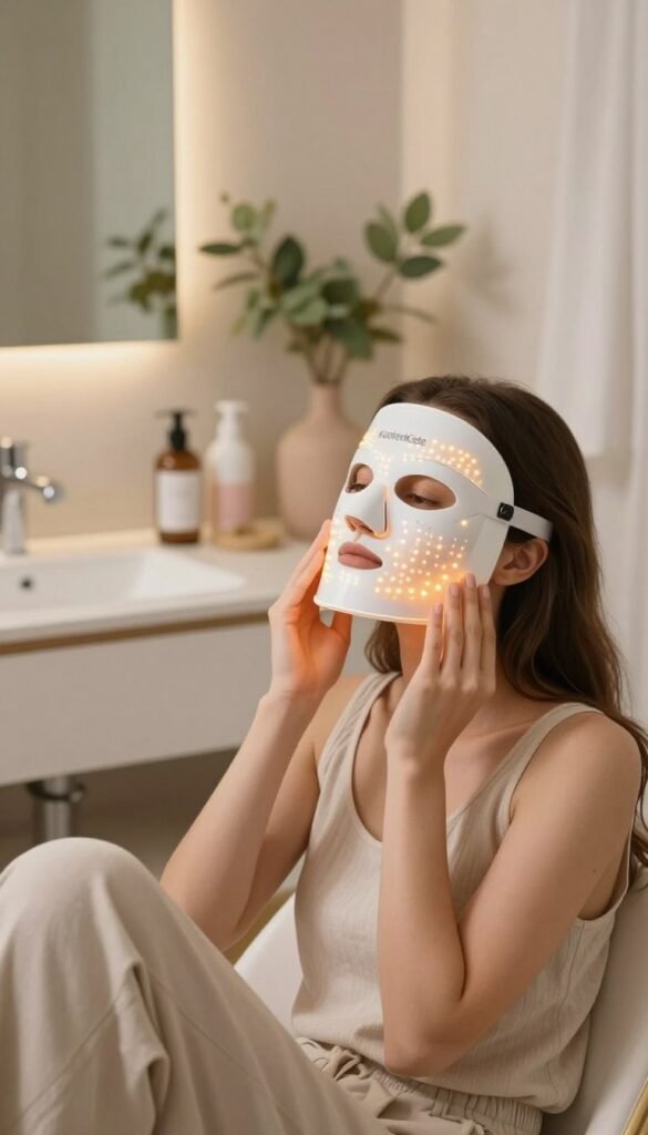 A serene and inviting image showcasing a person applying an LED light therapy mask on their face, emphasizing a natural and authentic aesthetic. The subject, a young woman in modest casual attire, sits comfortably in a softly lit, elegant bathroom setting with warm colors that evoke a Pinterest-worthy vibe. In the foreground, the glowing LED mask radiates gentle colors, illuminating her skin while accentuating her serene expression. The middle ground features a sleek vanity adorned with skincare products, and in the background, there is a soothing ambiance infused with soft greenery or pastel decor elements, enhancing the calming atmosphere. The focus is on the interaction between the mask and her facial skin, capturing the essence of LED light therapy. The brand "KüchenKiste" is subtly suggested through the decor style.