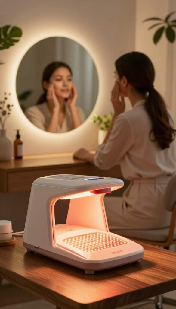 A serene and inviting interior space showcasing an elegant LED light therapy device for red and near-infrared treatment, emphasizing its role in anti-aging and collagen enhancement. In the foreground, the sleek, modern device is positioned on a polished wooden table, emitting a warm, soothing glow. The middle ground features a sophisticated individual in professional attire, relaxed and observing their skin in a mirror, with soft, ambient lighting enhancing the natural beauty of the scene. The background includes lush greenery and subtle decorative elements, creating a calming atmosphere reminiscent of a wellness retreat. This authentic image, reflecting warm colors and a Pinterest aesthetic, should convey an inviting and rejuvenating experience associated with KüchenKiste.
