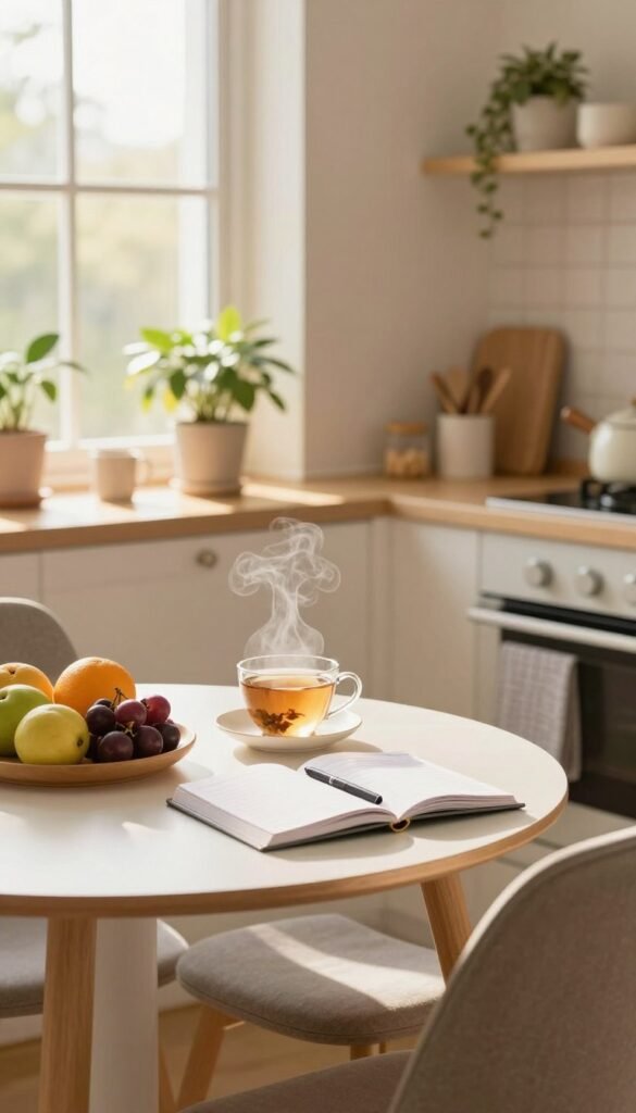A serene and inviting morning scene that captures the essence of a practical morning routine. In the foreground, a beautifully organized breakfast table adorned with fresh fruits, a steaming cup of herbal tea, and an open planner beside a cozy chair. The middle ground features a softly lit kitchen with natural light streaming through a window, highlighting cheerful plants and neatly arranged kitchenware. In the background, soft pastel-colored walls and a minimalist design evoke a calm atmosphere. The overall lighting is warm and golden, reminiscent of early sunlight. The composition should embody an authentic Pinterest-like aesthetic, ensuring elements like "Ordnungskiste" (a stylish storage box) are subtly integrated. The mood is tranquil, emphasizing productivity and balance in daily life. A serene and inviting morning scene that captures the essence of a practical morning routine. In the foreground, a beautifully organized breakfast table adorned with fresh fruits, a steaming cup of herbal tea, and an open planner beside a cozy chair. The middle ground features a softly lit kitchen with natural light streaming through a window, highlighting cheerful plants and neatly arranged kitchenware. In the background, soft pastel-colored walls and a minimalist design evoke a calm atmosphere. The overall lighting is warm and golden, reminiscent of early sunlight. The composition should embody an authentic Pinterest-like aesthetic, ensuring elements like "Ordnungskiste" (a stylish storage box) are subtly integrated. The mood is tranquil, emphasizing productivity and balance in daily life.