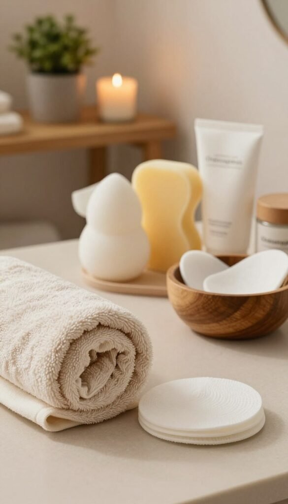 A serene and inviting scene depicting an organized beauty tool set for facial cleansing, featuring a variety of pads, cloths, and sponges. In the foreground, showcase a soft, plush towel rolled neatly alongside a round facial cleansing pad with a textured surface. In the middle ground, display an elegant selection of organic cotton sponges and a stylish wooden bowl containing some gentle cleanser. The background includes a simple wooden shelf adorned with natural elements like a small potted plant and a lit candle, all set against a warm, softly lit environment. The image conveys a calm and refreshing atmosphere, with warm colors and a Pinterest aesthetic, devoid of any text or branding except subtly featuring the brand name "Ordnungskiste" on a stylish container.