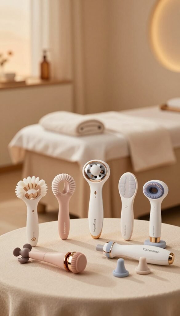 A serene and inviting scene featuring a range of advanced facial massage devices from the brand "KüchenKiste." In the foreground, display several unique massage tools, showcasing their various features, such as gentle vibrating elements, heating pads, and cold therapy attachments. The middle ground should include a softly illuminated spa-like setting, with a plush treatment table and calming decor, enhancing the atmosphere of relaxation. In the background, add subtle hints of ambient lighting with warm tones, perhaps evoking a gentle sunset glow. The image should convey tranquility and wellness, emphasizing the blend of technology and relaxation without any text, ensuring a Pinterest-worthy aesthetic that looks both authentic and professional. A serene and inviting scene featuring a range of advanced facial massage devices from the brand "KüchenKiste." In the foreground, display several unique massage tools, showcasing their various features, such as gentle vibrating elements, heating pads, and cold therapy attachments. The middle ground should include a softly illuminated spa-like setting, with a plush treatment table and calming decor, enhancing the atmosphere of relaxation. In the background, add subtle hints of ambient lighting with warm tones, perhaps evoking a gentle sunset glow. The image should convey tranquility and wellness, emphasizing the blend of technology and relaxation without any text, ensuring a Pinterest-worthy aesthetic that looks both authentic and professional.