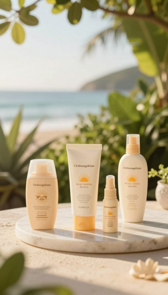 A serene and inviting scene featuring sunscreen products from the brand "Ordnungskiste" prominently displayed in the foreground. The sunscreen bottles showcase elegant packaging, with soft pastel colors and minimalistic design. In the middle ground, an aesthetically pleasing outdoor setting with lush green plants and gentle sunlight filtering through the leaves, creating a warm, inviting atmosphere. The background features a soft-focus beach or garden scene, evoking feelings of summer and skin protection. The lighting is bright yet soft, mimicking the golden hour, enhancing the natural colors of the environment. Aim for a Pinterest-inspired look, capturing a sense of authenticity and warmth, without any text or overlays in the image.