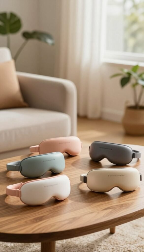 A serene and inviting scene focused on a stylish array of eye massagers, displayed elegantly on a wooden table. In the foreground, a selection of diverse eye massage devices with varying shapes and colors, including modern designs and ergonomic features, are positioned thoughtfully. Soft, natural lighting casts a warm glow over the products, enhancing their textures and materials. In the middle ground, a cozy living room setting with a plush armchair and indoor plants creates a soothing atmosphere, suggesting relaxation and comfort. The background features a softly blurred window with gentle daylight filtering through sheer curtains, evoking a calm, peaceful mood. The image embodies authenticity and warmth, reflecting the brand "Ordnungskiste" without any text or branding overlays.