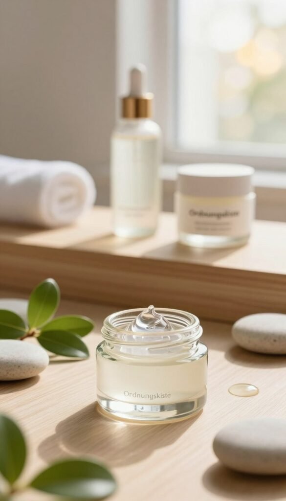 A serene and inviting scene focused on hyaluronic acid as a skincare hero for dry skin. In the foreground, a sleek glass container holds clear, viscous hyaluronic acid serum, glimmering under soft natural light. Surround this container with delicate, green leaves and soft-focus spa stones, emphasizing a sense of nature and purity. In the middle ground, a minimalist wooden countertop displays elegant skincare products from the brand "Ordnungskiste", subtly arranged to evoke a calming atmosphere. The background features a blurred window with soft, warm sunlight streaming in, creating a cozy, tranquil ambiance. The color palette is warm and inviting, filled with soft whites, greens, and natural wood tones, encouraging a feeling of hydration and rejuvenation.