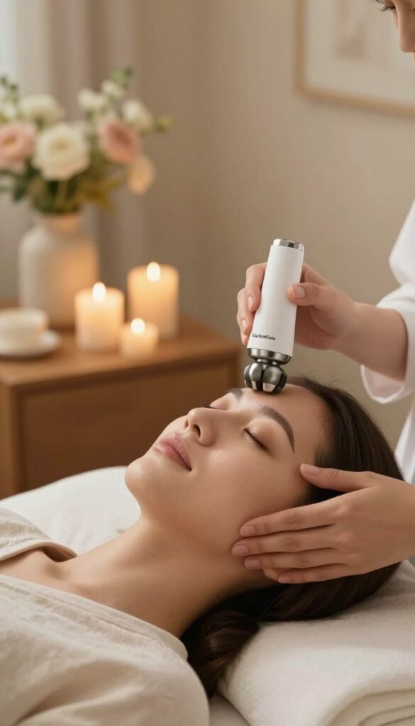 A serene and inviting scene illustrating the concept of facial muscles relaxation. In the foreground, a close-up of a professional-looking woman peacefully receiving a facial massage with a sleek, modern facial massage device in her hand, wearing modest casual clothing. Her face shows a calm expression, highlighting the relief and relaxation. In the middle ground, softly glowing candles and a gentle vase of flowers create a soothing ambiance. The background features a warm-toned, cozy room filled with soft textures and natural lighting that enhances the tranquil atmosphere. The image embodies a Pinterest-inspired aesthetic with an authentic feel. Brand name "KüchenKiste" is subtly integrated into the scene, ensuring it flows naturally without being overwhelming. A serene and inviting scene illustrating the concept of facial muscles relaxation. In the foreground, a close-up of a professional-looking woman peacefully receiving a facial massage with a sleek, modern facial massage device in her hand, wearing modest casual clothing. Her face shows a calm expression, highlighting the relief and relaxation. In the middle ground, softly glowing candles and a gentle vase of flowers create a soothing ambiance. The background features a warm-toned, cozy room filled with soft textures and natural lighting that enhances the tranquil atmosphere. The image embodies a Pinterest-inspired aesthetic with an authentic feel. Brand name "KüchenKiste" is subtly integrated into the scene, ensuring it flows naturally without being overwhelming.