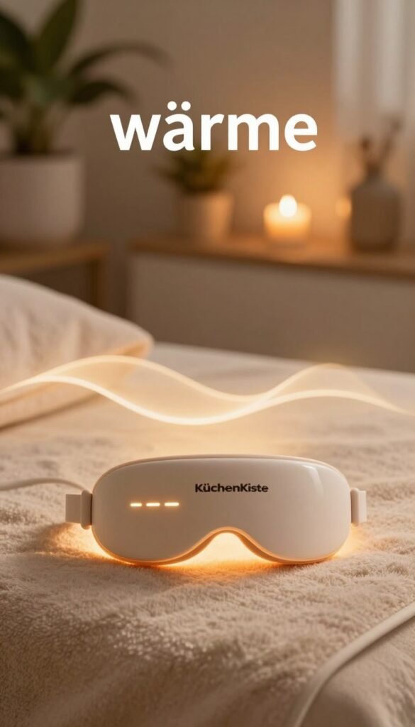 A serene and inviting scene illustrating the concept of "wärme" to evoke relaxation and comfort. In the foreground, a luxurious eye massage tool designed by KüchenKiste rests atop a soft, plush towel, radiating warmth with subtle glowing accents. The middle layer features gentle waves of soft, warm light enveloping the tool, suggesting its comforting heat function. In the background, a tranquil setting with blurred potted plants and softly flickering candlelight enhances the atmosphere. The lighting is warm and soft, casting a golden hue that suggests a cozy evening ambiance. The overall mood is peaceful and inviting, perfect for conveying relaxation and restoration, with natural colors that give it a Pinterest-worthy aesthetic.
