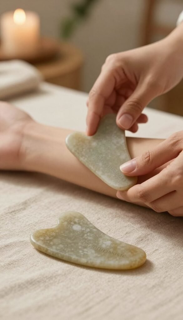 A serene and inviting scene showcasing a Gua Sha stone specifically designed for body use, elegantly displayed on a soft, textured surface. In the foreground, a beautifully crafted Gua Sha stone is positioned atop a natural linen cloth, with gentle light illuminating its smooth curves. The middle area features a pair of hands gently holding a Gua Sha tool, demonstrating a soothing massage technique on a forearm. The background is softly blurred, with warm, natural tones reminiscent of a calming spa atmosphere, featuring plants and candles to enhance the relaxing mood. The overall composition conveys tranquility and self-care, reflecting the theme of body wellness. The brand name "Ordnungskiste" subtly incorporated in the scene.
