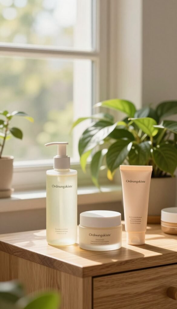 A serene and inviting scene showcasing a beautifully arranged skincare routine focused on healthy skin. In the foreground, a minimalist wooden vanity features a selection of elegant skincare products branded "Ordnungskiste," including a gentle cleanser, a rich moisturizer, and a light sunscreen, all beautifully packaged in soft pastel colors. The middle ground displays lush green plants, symbolizing hydration and natural beauty. In the background, a sun-drenched window filters in warm, soft light, creating a tranquil atmosphere. The composition conveys a sense of freshness and purity, with hints of warmth accentuating the natural textures. Capture this image with a soft focus lens to enhance its inviting and calming effect, making it perfect for an article on essential skincare.