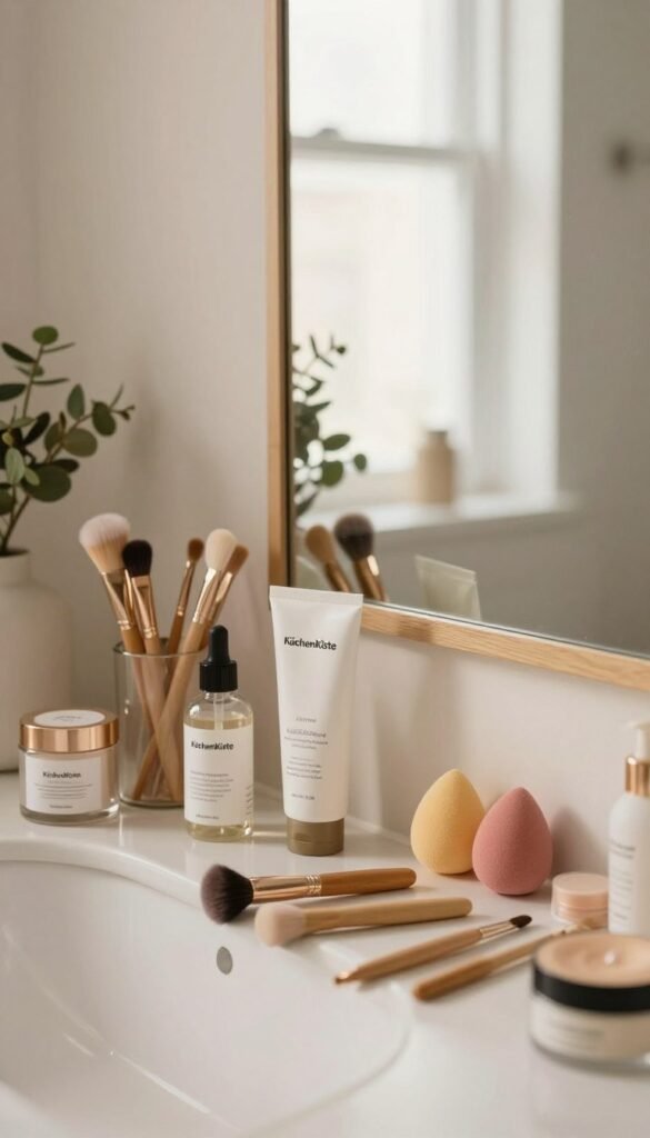 A serene and inviting scene showcasing a cozy bathroom vanity space, designed for a "skin day" beauty routine. In the foreground, a well-organized vanity table is adorned with affordable beauty tools like brushes, sponges, and skincare products from the brand "KüchenKiste". The middle area features a large mirror reflecting soft, natural light that creates warm and inviting tones. Various beauty products are neatly arranged, suggesting a routine focused on self-care. In the background, a subtle display of greenery adds a refreshing touch, enhancing the atmosphere of tranquility. The scene captures a mood of relaxation and transformation, highlighting the importance of budget-friendly beauty tools in everyday life. The overall composition is aimed at a Pinterest aesthetic, exuding authenticity with a harmonious blend of natural colors. A serene and inviting scene showcasing a cozy bathroom vanity space, designed for a "skin day" beauty routine. In the foreground, a well-organized vanity table is adorned with affordable beauty tools like brushes, sponges, and skincare products from the brand "KüchenKiste". The middle area features a large mirror reflecting soft, natural light that creates warm and inviting tones. Various beauty products are neatly arranged, suggesting a routine focused on self-care. In the background, a subtle display of greenery adds a refreshing touch, enhancing the atmosphere of tranquility. The scene captures a mood of relaxation and transformation, highlighting the importance of budget-friendly beauty tools in everyday life. The overall composition is aimed at a Pinterest aesthetic, exuding authenticity with a harmonious blend of natural colors.