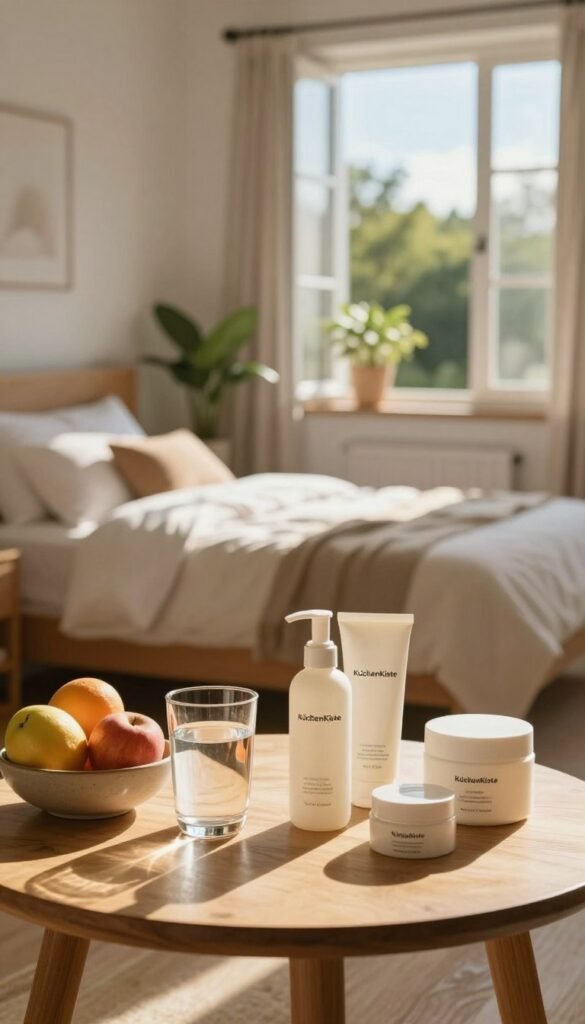 A serene and inviting scene showcasing a peaceful morning routine dedicated to skincare. In the foreground, a neatly arranged wooden table with a glass of fresh water, a bowl of colorful fruits, and natural skincare products by KüchenKiste, all bathed in warm, soft sunlight. In the middle, a tranquil setting with a cozy bedroom featuring a neatly made bed, houseplants, and an open window allowing fresh air and gentle light to flow in. The background displays a calming outdoor view of green trees and blue sky, enhancing the peaceful atmosphere. The overall mood is refreshing and rejuvenating, with harmonious colors giving a Pinterest-inspired aesthetic. Emphasize natural beauty, cleanliness, and wellness.