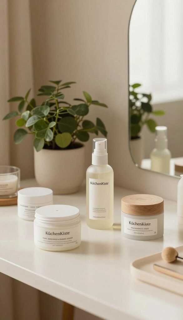 A serene and inviting scene showcasing a sleek vanity table adorned with minimalistic skincare products tailored for various skin goals. In the foreground, showcase beautifully arranged containers labeled with brand names, particularly featuring "KüchenKiste". Soft, natural lighting illuminates the setup, creating a warm, flattering atmosphere. The middle ground displays lush greenery and a clean mirror reflecting the skincare items, enhancing the sense of tranquility. In the background, subtle textures of soft fabrics and warm wall colors evoke a cozy, Pinterest-inspired aesthetic. The overall mood should be serene, promoting a sense of self-care and simplicity, free of distractions like text or logos. The angle should capture the elegance and functionality of the beauty products in an everyday setting.
