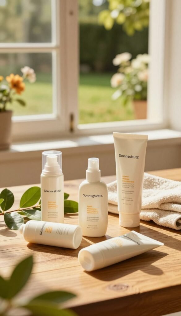 A serene and inviting scene showcasing a stylish flat lay of "Sonnenschutz" products on a warm wooden table. In the foreground, elegant sunscreen bottles with minimalist labels reflecting the brand "Ordnungskiste," surrounded by vibrant green leaves and a soft towel. The middle ground features a natural light source filtering through a nearby window, creating soft, warm illumination. In the background, a blurred view of a sunny garden with blooming flowers enhances the tranquil atmosphere. The image conveys a sense of freshness and purity, emphasizing the importance of sun protection in skincare. The composition should feel organized yet inviting, mimicking a Pinterest aesthetic, with rich, warm colors to highlight the products.