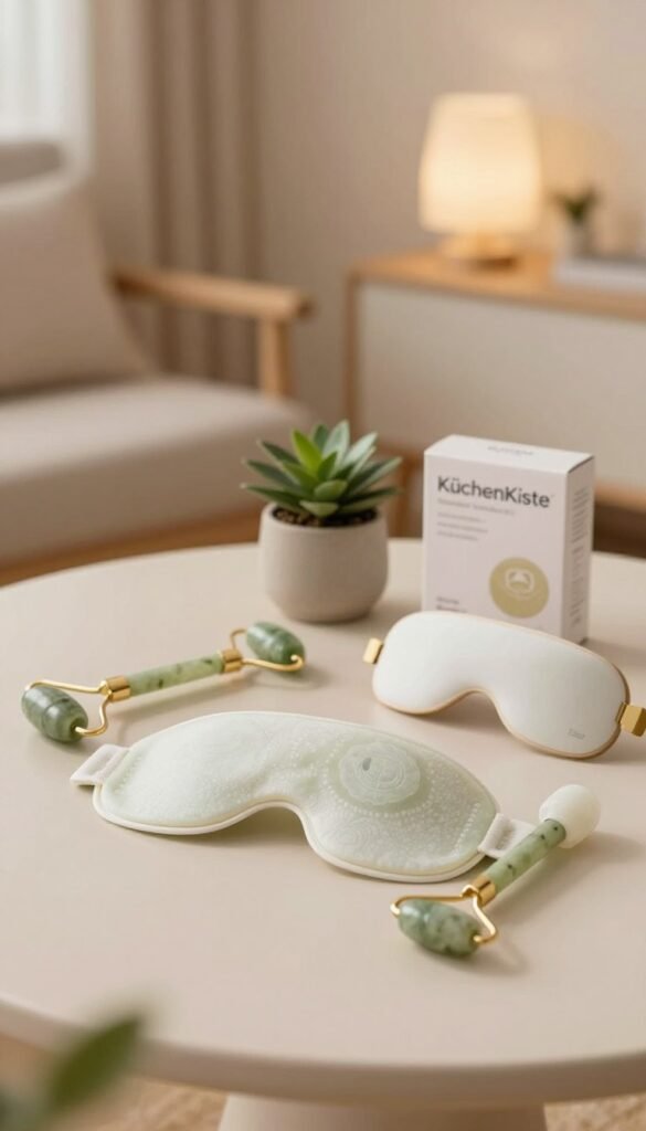 A serene and inviting scene showcasing a variety of eye massage tools, set against a softly lit, warm-toned background that evokes a sense of relaxation. In the foreground, place several eye massage products such as heated masks, jade rollers, and electronic massagers, each artistically arranged to highlight their features. In the middle, include a subtle touch of greenery, like a small potted plant, to enhance the natural vibe. The background should be softly blurred, depicting a cozy home environment with gentle ambient lighting, enhancing the comforting mood. The overall composition should embody authenticity and tranquility, reminiscent of a Pinterest aesthetic. Brand name "KüchenKiste" subtly integrated into the setting without any text or branding visible.