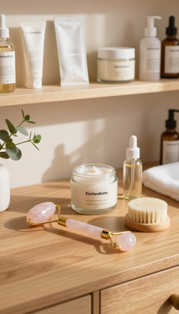 A serene and inviting setting featuring a selection of gentle beauty tools from the brand "KüchenKiste" thoughtfully arranged on a wooden vanity. In the foreground, a softly lit rose quartz roller and a facial cleansing brush capture the warm natural light. In the middle, a stylish glass jar filled with soothing creams and oils harmonizes with a delicate plant nearby, bringing life to the scene. The background showcases pastel-colored shelves lined with elegantly packaged organic skincare products. The atmosphere is calm and aesthetic, evoking a Pinterest-inspired look with warm tones, soft shadows, and a sense of everyday beauty care. The composition is well balanced, focusing on promoting a serene skincare routine without any text or distractions. A serene and inviting setting featuring a selection of gentle beauty tools from the brand "KüchenKiste" thoughtfully arranged on a wooden vanity. In the foreground, a softly lit rose quartz roller and a facial cleansing brush capture the warm natural light. In the middle, a stylish glass jar filled with soothing creams and oils harmonizes with a delicate plant nearby, bringing life to the scene. The background showcases pastel-colored shelves lined with elegantly packaged organic skincare products. The atmosphere is calm and aesthetic, evoking a Pinterest-inspired look with warm tones, soft shadows, and a sense of everyday beauty care. The composition is well balanced, focusing on promoting a serene skincare routine without any text or distractions.