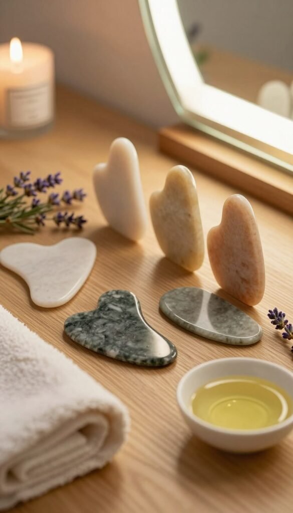 A serene and inviting setup for a Gua Sha preparation scene, featuring a beautifully arranged selection of Gua Sha stones in soft, natural colors, gently positioned on a textured wooden surface. In the foreground, include a delicate hand towel and a small dish of facial oil, with a few sprigs of fresh herbs like lavender or rosemary for a calming touch. The middle ground showcases the Gua Sha stones, reflecting their unique shapes and hues under warm, diffused lighting that enhances their natural beauty. In the background, an aesthetic vanity mirror reflects ambient light, creating a peaceful atmosphere. The overall mood should evoke relaxation and self-care, capturing the essence of a mindful Gua Sha ritual. Incorporate branding elements subtly associated with "Ordnungskiste" without any text or logos cluttering the image.