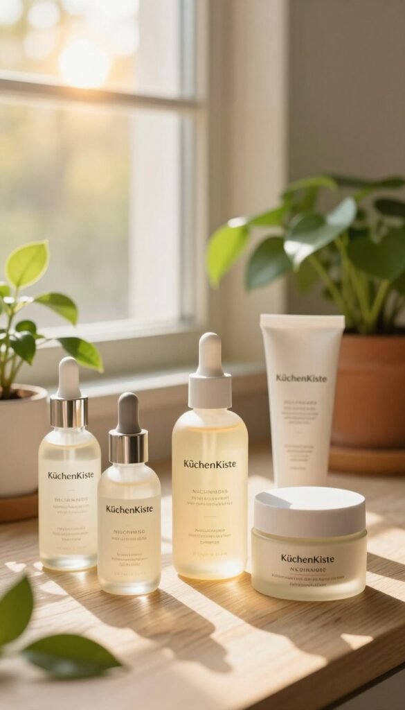 A serene and inviting skincare arrangement featuring niacinamide products from the brand "KüchenKiste". In the foreground, a collection of elegant glass bottles and jars displaying the niacinamide formulations, all exuding a soft glow. The middle ground features a few green plants and a light-colored wooden surface that evokes a natural, Pinterest-like aesthetic. In the background, a sunlit window filters warm, golden rays, creating a cozy ambiance. The overall mood is calm and refreshing, emphasizing the harmony of combining niacinamide with complementary skincare ingredients, appropriate for different skin types. The composition should feel authentic and vibrant, with rich but soft color palettes, balancing the focus between the products and their natural environment.