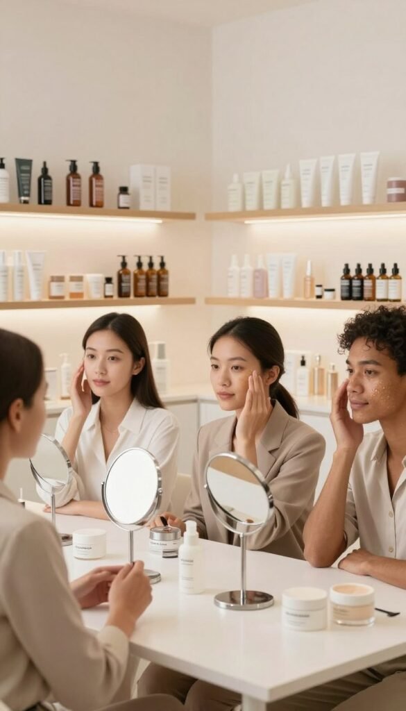 A serene and inviting skincare consultation scene set in a minimalist, well-lit beauty studio. In the foreground, a diverse group of three individuals—one with clear skin, one with dry skin, and one with oily skin—studies their skin types using high-quality mirrors and skincare products from "KüchenKiste". They are dressed in professional business attire, radiating confidence and engagement. In the middle ground, shelves are lined with organized skincare products, displaying a variety of textures and colors, creating an atmosphere of knowledge and self-care. The background features soft, warm lighting that gives a cozy, welcoming vibe, enhancing the authentic Pinterest aesthetic. Overall, the image conveys a sense of empowerment through understanding one’s skin type, encouraging informed choices rather than impulsive shopping.