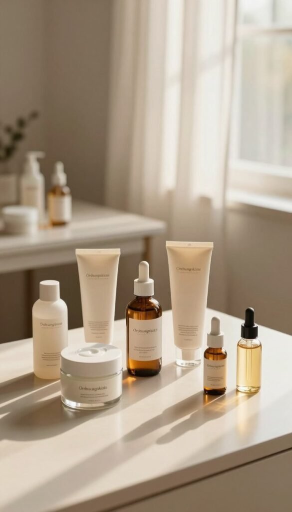 A serene and inviting skincare display centered around the brand "Ordnungskiste". In the foreground, a variety of minimalist beauty products—moisturizers, serums, and natural oils—arranged elegantly in stylish glass containers. The middle ground shows a clean, simple vanity table with soft textures, reflecting a sense of calm and order. In the background, a softly lit window with sheer curtains allows warm sunlight to filter through, casting gentle shadows. The atmosphere is cozy and inspiring, evoking a Pinterest-worthy aesthetic. The color palette features warm, earthy tones, emphasizing authenticity and a natural vibe. Capture this scene from a slightly elevated angle to highlight the products and the gentle ambiance of the setting. No text or logos are visible within the image.