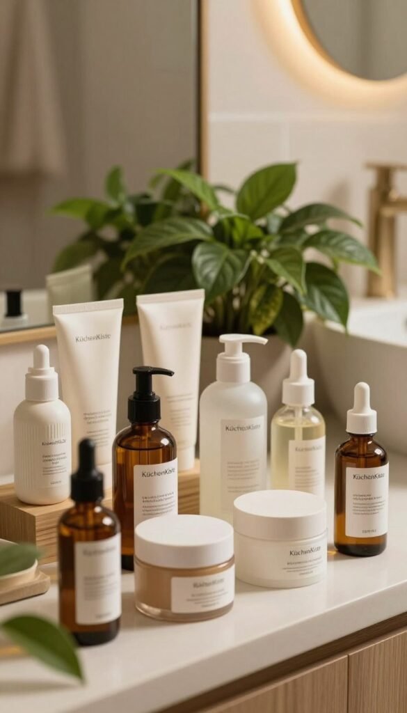 A serene and inviting skincare display featuring a variety of skincare products, focusing on the essentials for optimizing skin health. In the foreground, elegantly arranged bottles and jars of serums, moisturizers, and toners, showcasing their sleek, modern designs. Soft, warm lighting highlights the textures and colors of the products, creating an inviting atmosphere. In the middle ground, lush green plants add a touch of nature, emphasizing the organic ingredients. The background features a softly blurred bathroom setting with natural wood elements and a warm-toned aesthetic, evoking a cozy, Pinterest-like vibe. The brand name "KüchenKiste" subtly integrated into the design of one product label. The overall mood is calm and focused, suggesting a mindful approach to skincare.