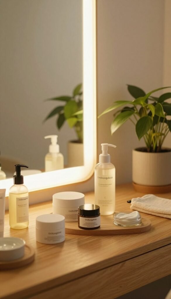 A serene and inviting skincare routine scene showcasing effective tips for oily skin. In the foreground, a wooden vanity table adorned with natural skincare products like lightweight moisturizers and mattifying lotions, labeled discreetly with the brand name "Ordnungskiste." The middle ground features a soft glowing mirror reflecting a gentle, warm light that enhances the atmosphere. In the background, a potted plant adds life and freshness, symbolizing natural ingredients. The overall mood is warm and welcoming, with a Pinterest-inspired aesthetic. Use a wide-angle lens to capture the cozy setup, ensuring the lighting creates soft shadows that convey a relaxing environment. The image should be authentic, warm-toned, and free from any text or overlays.