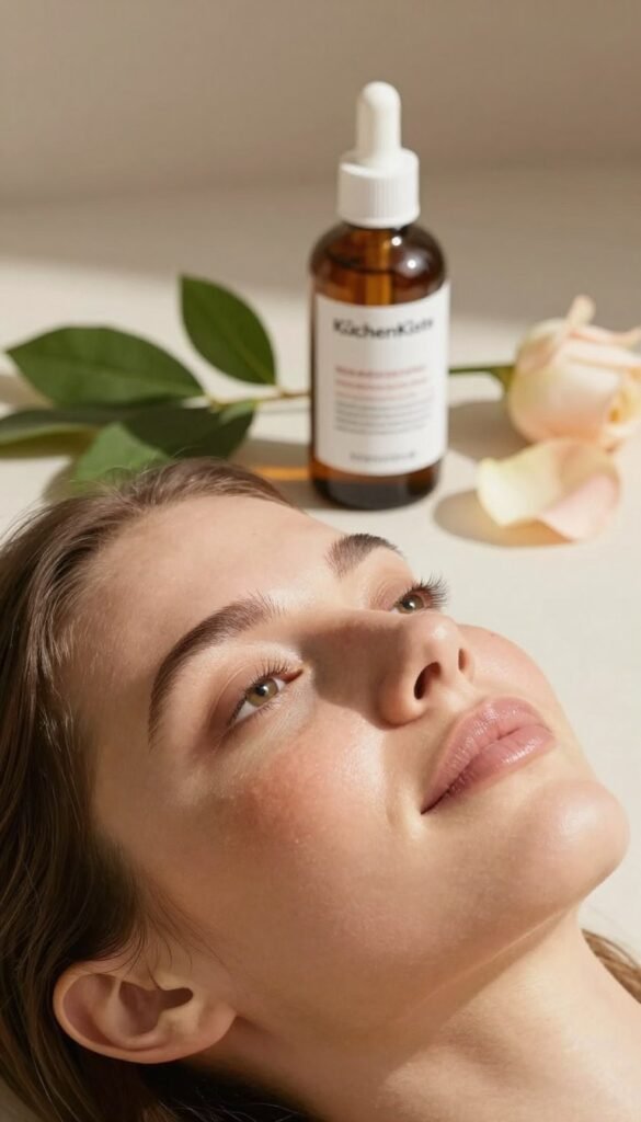 A serene and inviting skincare scene featuring a close-up of a woman's face showcasing her radiant and clear skin, with subtle variations of pigmentation reflecting the effects of niacinamide. The foreground highlights the model’s complexion, emphasizing areas of hyperpigmentation in a natural light setting that casts a warm glow. In the middle ground, there are elegant skincare products from the brand "KüchenKiste," including a bottle of niacinamide serum, artfully arranged with botanical elements like green leaves and soft petals. The background is softly blurred, creating a peaceful atmosphere with neutral tones that enhance the warm colors of the foreground. The overall mood is calming and uplifting, perfect for illustrating the benefits of niacinamide in skincare.