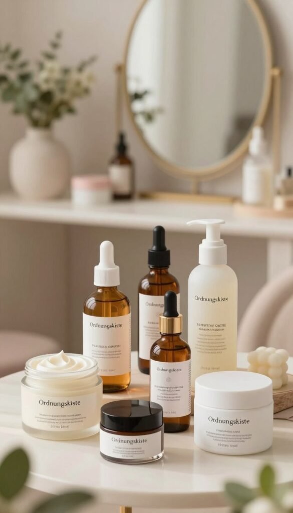 A serene and inviting skincare scene featuring a diverse array of skincare products labeled as "Ordnungskiste". In the foreground, a beautifully arranged selection of jars and bottles displaying textures for different skin types: a creamy moisturizer for dry skin, a lightweight serum for oily skin, a calming lotion for sensitive skin, and a balanced cream for normal skin. In the middle ground, a cozy vanity setup surrounded by soft, natural lighting creating a warm and soothing atmosphere. The background features delicate greenery and subtle pastel colors, enhancing the feeling of natural beauty. The overall mood should evoke a sense of wellness and attentiveness to skincare, with no text or brand markings visible in the image.