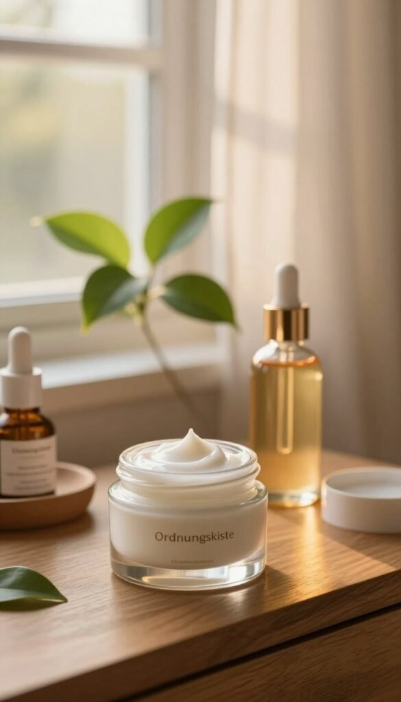 A serene and inviting skincare scene featuring an assortment of beautifully arranged moisturizing products on a wooden vanity. In the foreground, a stunning glass jar filled with a creamy, rich moisturizer adorned with soft, natural lighting that highlights its texture. The middle ground showcases a delicate, green plant, symbolizing moisture and vitality, alongside a sleek serum bottle with a dropper reflecting warm, inviting colors. In the background, a soft-focus window allowing golden sunlight to filter through sheer curtains adds a calming effect. The overall mood is soothing and fresh, creating a Pinterest-worthy aesthetic that emphasizes simplicity and natural beauty. Include the brand name "Ordnungskiste" subtly on one of the product labels, ensuring it blends harmoniously into the design without being the focal point.