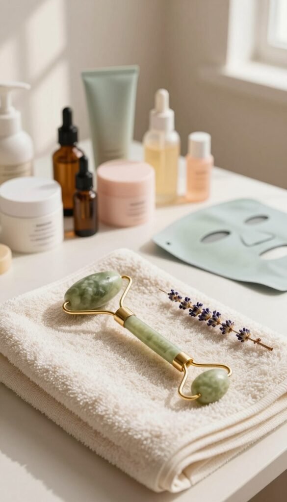 A serene and inviting skincare scene showcasing a modern facial massage tool by "KüchenKiste." In the foreground, highlight the tool resting elegantly on a plush terry-cloth towel alongside soothing lavender essential oil and a soft jade roller. The middle ground features a softly lit vanity table with neatly arranged skincare products—creams, serums, and facial masks—all in warm pastel colors. The background subtly fades into a calming, neutral-toned space with gentle natural light streaming in from a nearby window, casting soft shadows. The mood is tranquil and rejuvenating, emphasizing a self-care ritual that connects relaxation and skincare. The overall aesthetic reflects a natural, Pinterest-inspired vibe, portraying authenticity without any text or branding distractions.