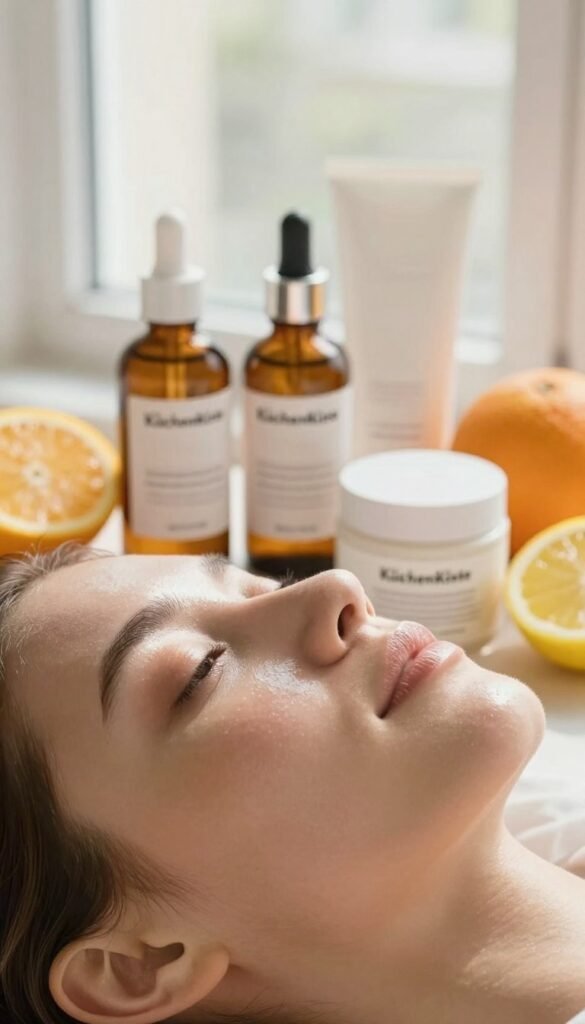 A serene and inviting skincare scene showcasing the effects of hydroxyl acids on the skin. In the foreground, a close-up of a glowing, healthy face with visibly smooth and radiant skin, reflecting the benefits of acids. The middle ground features various natural skincare products labeled with the brand name “KüchenKiste,” including bottles and jars with elegant designs, surrounded by fresh fruits like oranges and lemons, symbolizing the ingredients used. In the background, soft, diffused natural light filters through a window, creating a warm and calming atmosphere. The composition has a Pinterest-inspired aesthetic, with a light and airy feel, evoking authenticity and tranquility without any text or distractions. A serene and inviting skincare scene showcasing the effects of hydroxyl acids on the skin. In the foreground, a close-up of a glowing, healthy face with visibly smooth and radiant skin, reflecting the benefits of acids. The middle ground features various natural skincare products labeled with the brand name “KüchenKiste,” including bottles and jars with elegant designs, surrounded by fresh fruits like oranges and lemons, symbolizing the ingredients used. In the background, soft, diffused natural light filters through a window, creating a warm and calming atmosphere. The composition has a Pinterest-inspired aesthetic, with a light and airy feel, evoking authenticity and tranquility without any text or distractions.