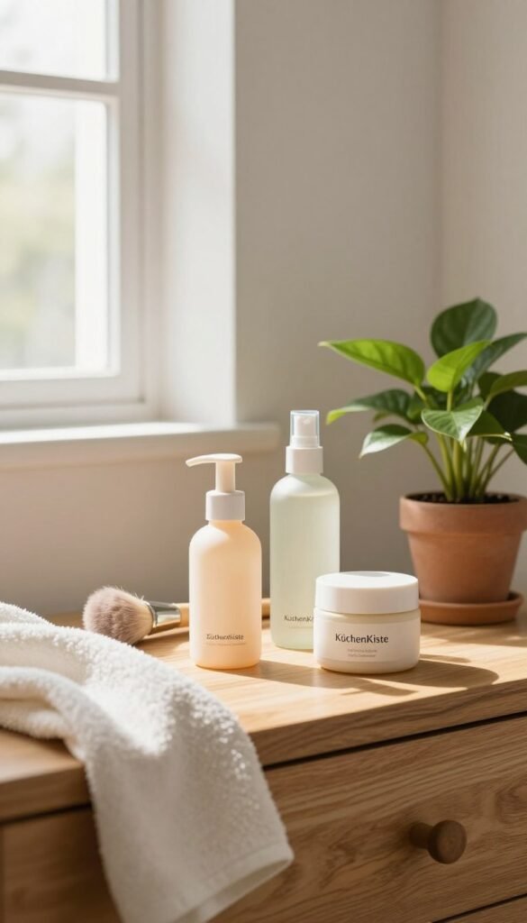 A serene and inviting skincare scene that captures the essence of simplified skincare routines. In the foreground, an elegant wooden vanity holds a few carefully selected skincare products, beautifully arranged in soothing pastel colors. A soft cotton towel is draped casually next to a vibrant potted plant, emphasizing a natural aesthetic. In the middle ground, a brushstroke of soft, natural lighting streams through a window, illuminating the products and creating gentle shadows that enhance the warmth of the scene. In the background, a minimalist, softly blurred bathroom setting with neutral-toned walls provides a relaxing atmosphere. The overall mood is calming and fresh, ideal for illustrating a simple yet effective approach to skincare, resonating with the brand aesthetic of "KüchenKiste".