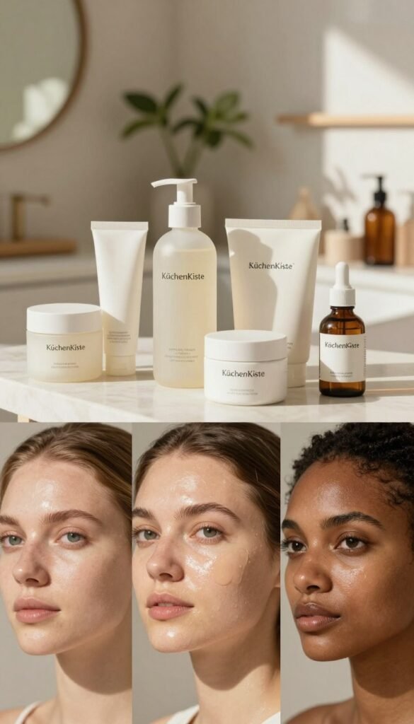 A serene and inviting skincare setting featuring a close-up of healthy, hydrated skin. The foreground showcases a diverse range of skin types, each exhibiting a natural glow that highlights moisture and a strong skin barrier. Soft, warm lighting gently illuminates their faces, with a focus on their radiant complexions. In the middle, an array of minimalist skincare products is artfully arranged, including lotions and creams, all elegantly labeled with the brand name "KüchenKiste". The background is softly blurred, revealing a peaceful bathroom scene adorned with plants, wooden accents, and a subtle hint of sunlight filtering through a window, creating a calm and inviting atmosphere. The overall mood should convey well-being and simplicity, emphasizing the essence of minimalistic skincare.