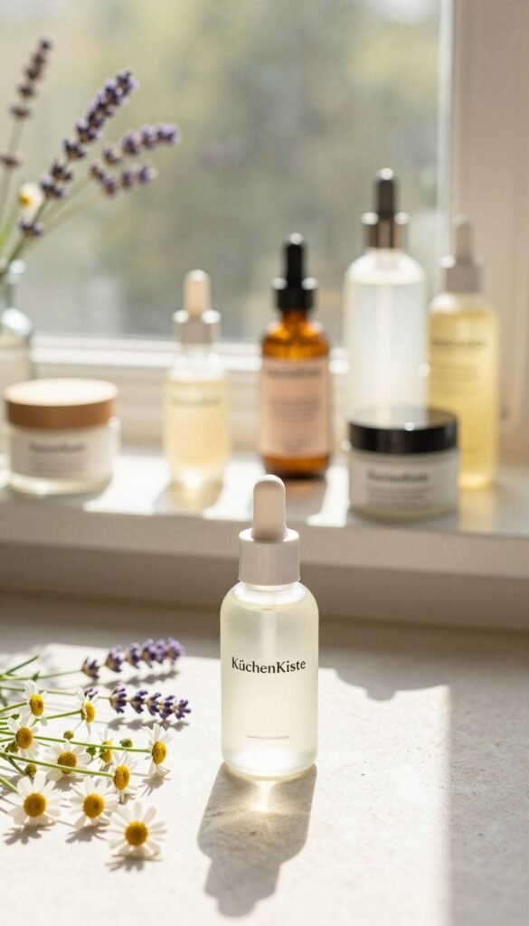 A serene and inviting skincare setting that embodies the concept of "hautzustand." In the foreground, a clear glass skincare bottle labeled “KüchenKiste” rests on a light, textured surface adorned with fresh flowers like chamomile and lavender. The middle layer features soft, warm sunlight streaming through a window, illuminating various natural skincare products arranged neatly on a marble countertop. In the background, a softly blurred botanical motif suggests an organic, nurturing ambiance, creating a feeling of tranquility. The overall mood is calm and fresh, evoking a sense of wellness and beauty. The image should use natural colors with warm tones, creating a Pinterest-worthy aesthetic, without any text or overlays.