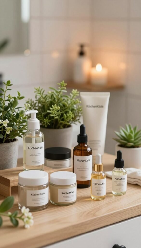A serene and inviting skincare setup featuring a beautifully arranged selection of natural skincare products from the brand "KüchenKiste." In the foreground, display elegant glass jars and bottles with organic labels, artfully placed on a light wooden surface. The middle layer includes fresh greenery, such as small potted plants and delicate flowers, adding a soft touch to the composition. In the background, a softly lit, cozy bathroom environment with a gentle glow from warmly lit candles enhances the atmosphere, conveying a sense of calm and self-care. The scene should evoke a Pinterest aesthetic, showcasing warm colors and authentic textures, focusing on balance and harmony in a beauty routine.
