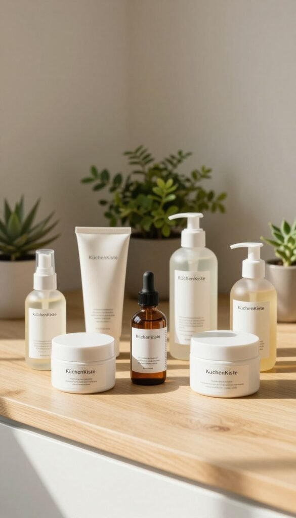 A serene and inviting skincare setup on a bright wooden countertop. In the foreground, an aesthetically pleasing arrangement of various natural skincare products labeled for different skin types, including moisturizers, serums, and cleansers. Each product features soft, muted hues and minimalistic design, evoking a fresh and organic feel. In the middle background, delicate greenery and small potted plants add a touch of nature, enhancing the warm color palette. The lighting is soft and natural, creating gentle shadows that add depth to the scene. The atmosphere is calming and inspiring, ideal for someone looking to simplify their skincare routine. The brand name "KüchenKiste" is subtly incorporated into the scene, reflecting a harmonious blend of beauty and nature.