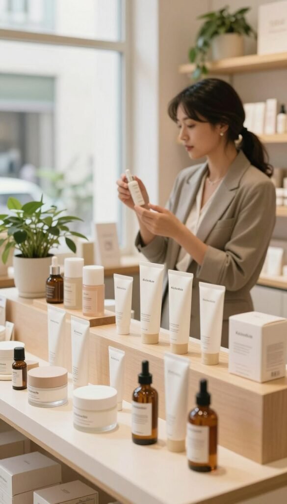 A serene and inviting skincare shopping scenario featuring a well-organized display of various beauty products focused on skin care. In the foreground, elegantly arranged skincare items such as creams, serums, and oils with minimalist packaging. The middle ground showcases a stylish person in professional business attire, thoughtfully examining a product, emphasizing the act of evaluating purchase criteria. The background features soft natural lighting filtering through a large window, enhancing the warm color palette and creating a cozy atmosphere. Decorative elements like houseplants and wooden shelves give a Pinterest-inspired aesthetic. The brand name "KüchenKiste" is subtly integrated into the product design. The overall mood conveys an authentic, approachable beauty shopping experience without any text or watermarks.