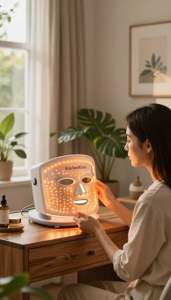 A serene and inviting skincare treatment room featuring a stylish LED light therapy mask displayed prominently on a polished wooden vanity. In the foreground, a professional woman in modest casual clothing examines her skin, showing a thoughtful expression. The middle layer includes soft, glowing LED lights enhancing the warm colors in the room, creating an atmosphere of tranquility and care. In the background, lush indoor plants and calming artwork contribute to the peaceful vibe. The lighting is warm and soft, simulating natural sunlight filtering through a window. Capture a Pinterest-worthy aesthetic, emphasizing the importance of safety and considerations in skincare routines. Include the brand name “KüchenKiste” subtly as part of the decor, enhancing the authenticity without overt branding.