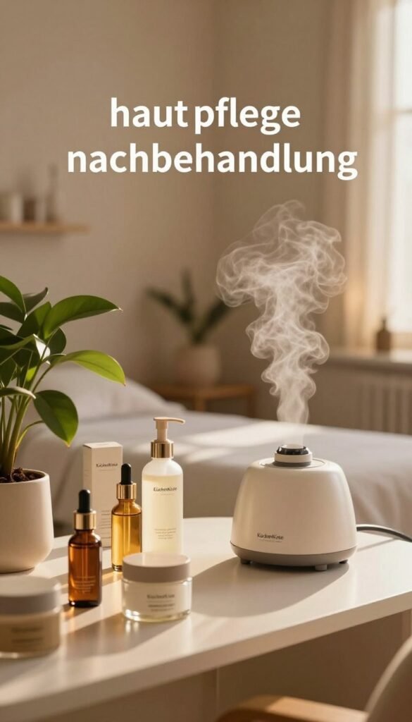 A serene and inviting skincare treatment scene showcasing the essence of "hautpflege nachbehandlung." In the foreground, a beautifully arranged vanity table features natural skincare products, including serums and moisturizers, elegantly displayed in soft glass containers. A lush green plant adds a touch of freshness. In the middle ground, a gentle facial steamer emits a soft cloud of steam, creating a warm ambiance. The background reveals a softly lit room with soft beige walls and dimmed lighting, enhancing a relaxing atmosphere. The entire scene is bathed in warm, natural light, evoking a Pinterest-inspired aesthetic. The brand name "KüchenKiste" subtly incorporated into the scene. The mood is calming and rejuvenating, perfect for illustrating post-treatment skincare. A serene and inviting skincare treatment scene showcasing the essence of "hautpflege nachbehandlung." In the foreground, a beautifully arranged vanity table features natural skincare products, including serums and moisturizers, elegantly displayed in soft glass containers. A lush green plant adds a touch of freshness. In the middle ground, a gentle facial steamer emits a soft cloud of steam, creating a warm ambiance. The background reveals a softly lit room with soft beige walls and dimmed lighting, enhancing a relaxing atmosphere. The entire scene is bathed in warm, natural light, evoking a Pinterest-inspired aesthetic. The brand name "KüchenKiste" subtly incorporated into the scene. The mood is calming and rejuvenating, perfect for illustrating post-treatment skincare.