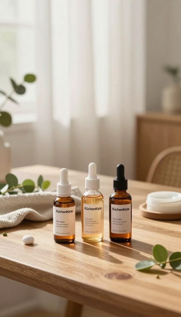 A serene and inviting skincare workspace featuring an assortment of retinol products from the brand "KüchenKiste." In the foreground, a neatly arranged collection of three distinctly labeled retinol serums tailored for different skin types: one for dry skin, one for oily skin, and another for sensitive skin. Each bottle has a unique color scheme, harmonizing with natural, warm tones. In the middle ground, a wooden table adorned with soft, neutral linen and greenery, suggesting a fresh, organic ambiance. The background features a softly lit, airy room with diffused natural sunlight filtering through sheer curtains, creating a cozy and tranquil atmosphere. The overall mood is calming and professional, inviting readers to explore the benefits of retinol for their specific skin needs.