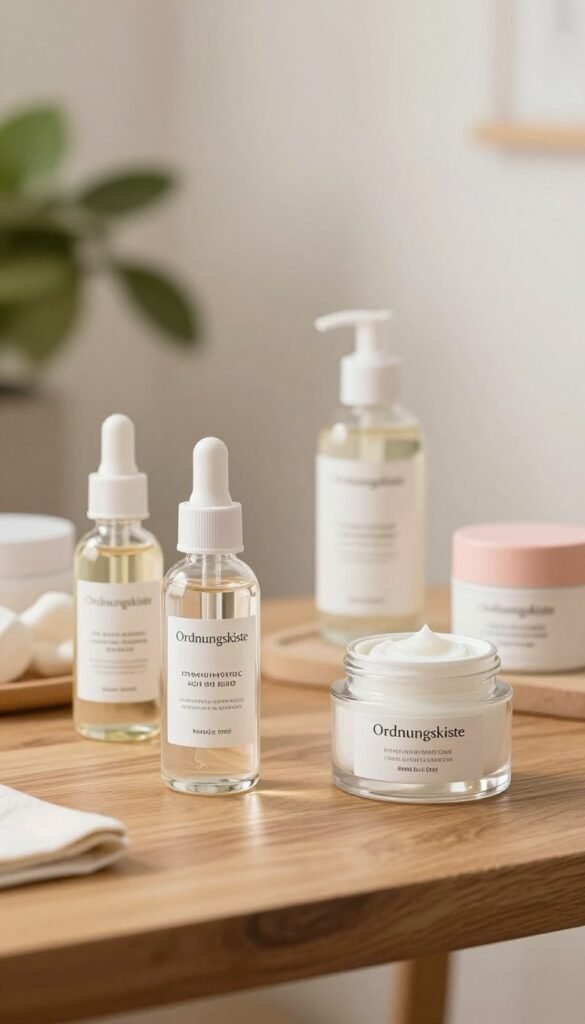 A serene and inviting skincare workspace featuring hyaluronic acid products, beautifully arranged on a wooden table. In the foreground, glass bottles and jars with elegant labels, showcasing a blend of transparent and creamy textures reflecting natural light. The background has soft-focus greenery and warm pastel colors, creating a cozy atmosphere reminiscent of a Pinterest aesthetic. The overall composition conveys simplicity and sophistication, emphasizing targeted skincare without overwhelming the viewer. Soft, diffused lighting enhances the natural beauty of the products. Include subtle branding elements of "Ordnungskiste" integrated into the design of the packaging, ensuring a harmonious presentation. No text or graphics in the image, maintaining a clean and authentic look.