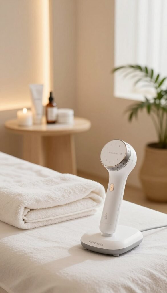 A serene and inviting spa room featuring a modern ultrasonic facial device prominently displayed in the foreground. The device is sleek, designed with clean lines and subtle touches of color, conveying a sense of innovation and professionalism. In the middle ground, a neatly arranged table with a soft towel and natural skincare products can be seen, enhancing the wellness atmosphere. The background showcases warm, ambient lighting and soft textures, such as light wooden elements and potted plants, contributing to a peaceful environment. The overall mood is tranquil and inviting, reflecting the therapeutic benefits of MHz frequencies for face and body rejuvenation. The image should have a Pinterest aesthetic, showcasing natural colors, and should not include any text, ensuring authenticity. Include the brand name "KüchenKiste" stylishly integrated into the scene.