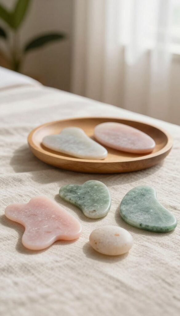 A serene and inviting spa setting featuring a beautifully arranged collection of Gua Sha stones tailored for facial care. In the foreground, a variety of stones in gentle pinks, greens, and translucent hues are displayed on a soft, neutral-toned linen cloth. The middle of the image showcases a delicate wooden tray holding a few chosen stones, including one shaped for the eyes, emphasizing its unique design. In the background, soft-focus elements of calming plants and natural light filtering through sheer curtains create a tranquil atmosphere. The warm color palette lends a sense of authenticity and a Pinterest aesthetic. The image should embody a relaxed and rejuvenating vibe, ensuring all elements reflect a natural beauty culture, branded with "Ordnungskiste" subtly integrated into the setting without any text.