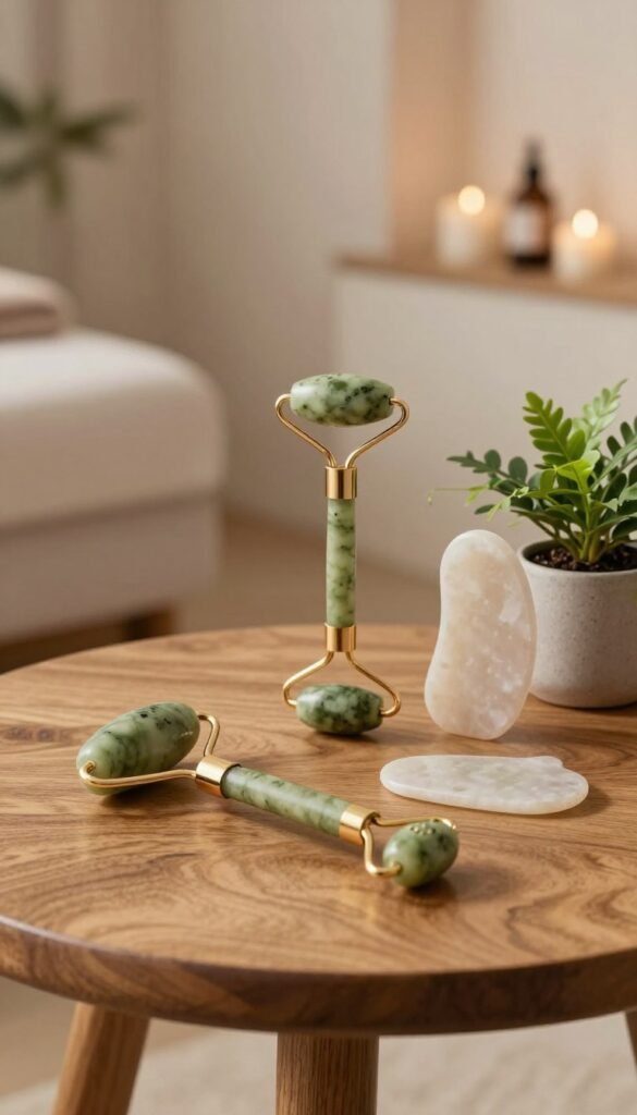 A serene and inviting spa setting, featuring a beautifully arranged layout of various facial massage devices from the brand KüchenKiste. The foreground includes an elegant wooden table with an array of massage tools, each displayed with soft, natural lighting that highlights their textures and colors. In the middle ground, a calming jade roller and a sleek quartz gua sha stone sit beside delicate potted plants, adding a touch of nature. The background reveals a softly blurred, tranquil space adorned with muted earth tones and warm lighting, creating a peaceful atmosphere. The overall mood is one of relaxation and self-care, evoking a sense of comfort and rejuvenation perfect for exploring facial health themes. A serene and inviting spa setting, featuring a beautifully arranged layout of various facial massage devices from the brand KüchenKiste. The foreground includes an elegant wooden table with an array of massage tools, each displayed with soft, natural lighting that highlights their textures and colors. In the middle ground, a calming jade roller and a sleek quartz gua sha stone sit beside delicate potted plants, adding a touch of nature. The background reveals a softly blurred, tranquil space adorned with muted earth tones and warm lighting, creating a peaceful atmosphere. The overall mood is one of relaxation and self-care, evoking a sense of comfort and rejuvenation perfect for exploring facial health themes.