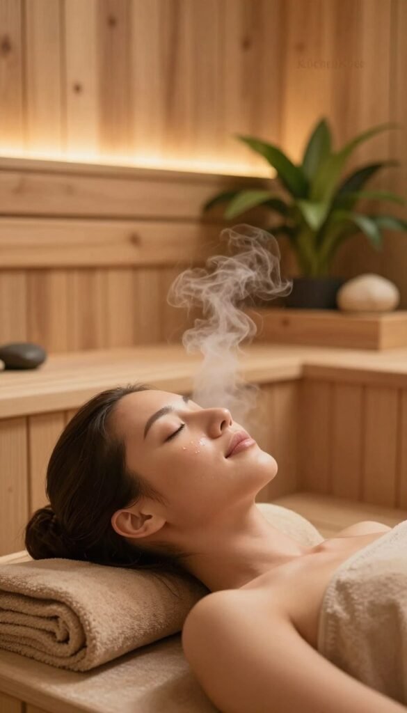 A serene and inviting spa setting, featuring a beautifully designed steam bath with soft, warm lighting that enhances the natural wooden elements. The foreground includes a close-up of a model with a calm, serene expression, her face gently steamed, showcasing the effects of steam on opening pores. She is dressed in modest, casual attire, conveying comfort and relaxation. In the middle ground, the steam bath has elegant, smooth lines and ambient features such as natural stones and lush green plants to create a tranquil atmosphere. The background is softly blurred, highlighting the warm color palette and evoking a Pinterest-inspired aesthetic. The brand name "KüchenKiste" subtly displayed within the composition, ensuring an authentic and harmonious representation of the subject.